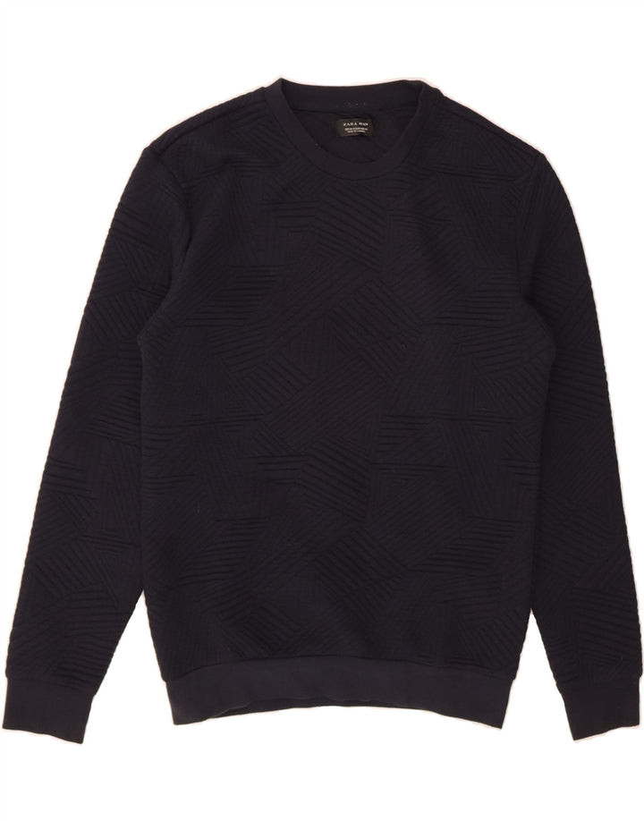 ZARA Mens Sweatshirt Jumper Medium Navy Blue Geometric Polyester Vintage Zara and Second-Hand Zara from Messina Hembry 