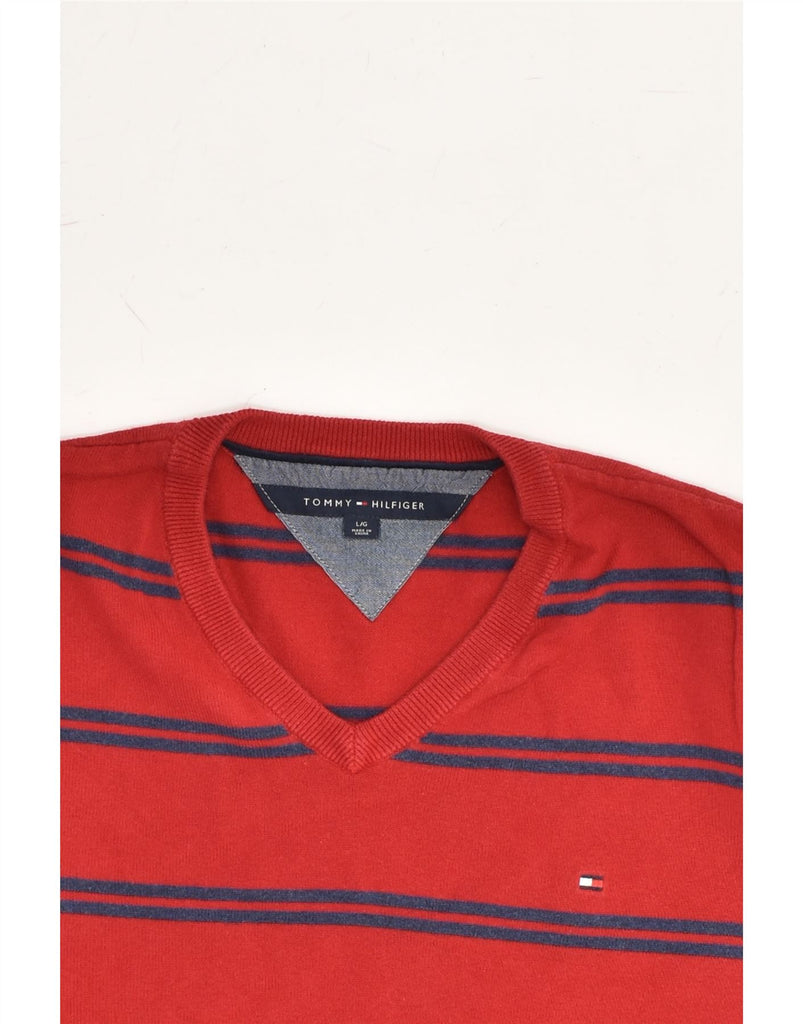 TOMMY HILFIGER Mens V-Neck Jumper Sweater Large Red Striped Cotton | Vintage Tommy Hilfiger | Thrift | Second-Hand Tommy Hilfiger | Used Clothing | Messina Hembry 