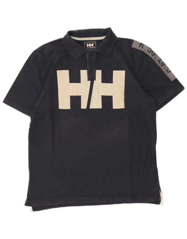 Helly Hansen Mens Graphic Rugby Polo Shirt Large Navy Blue Cotton