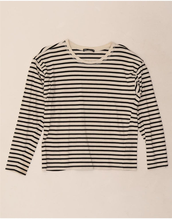 Zara Womens Top Long Sleeve UK 10 Small White Pinstripe Cotton
