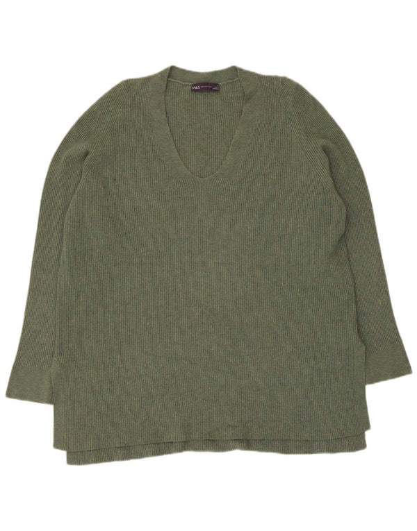 Marks & Spencer Womens V-Neck Jumper Sweater UK 16 Large Khaki Polyester