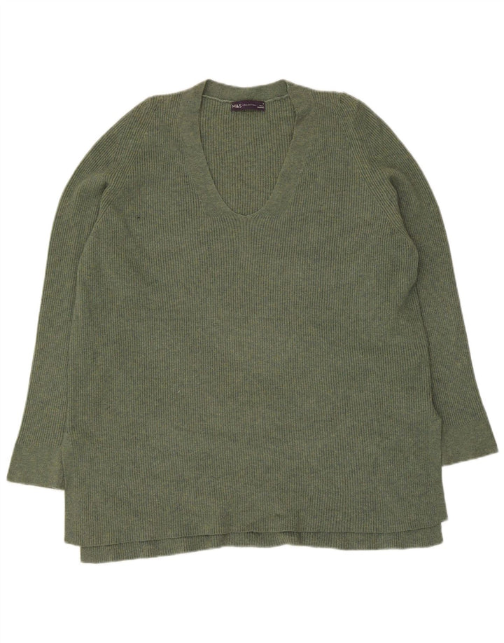 Marks & Spencer Womens V-Neck Jumper Sweater UK 16 Large Khaki Polyester