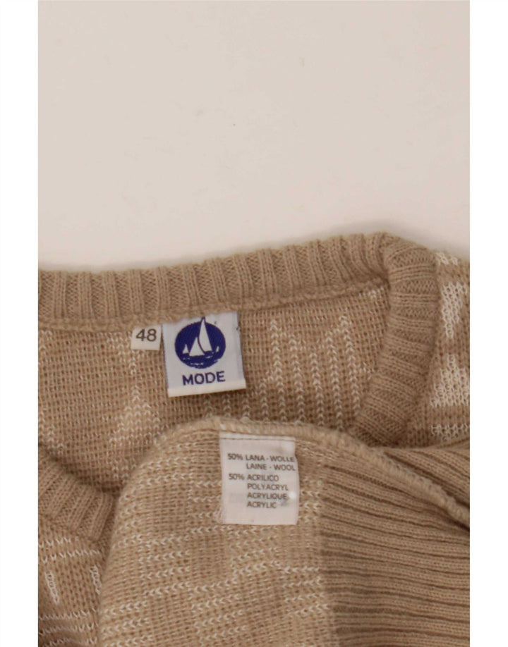 Vintage Mens Crew Neck Jumper Sweater IT 48 Medium Beige Patchwork Wool