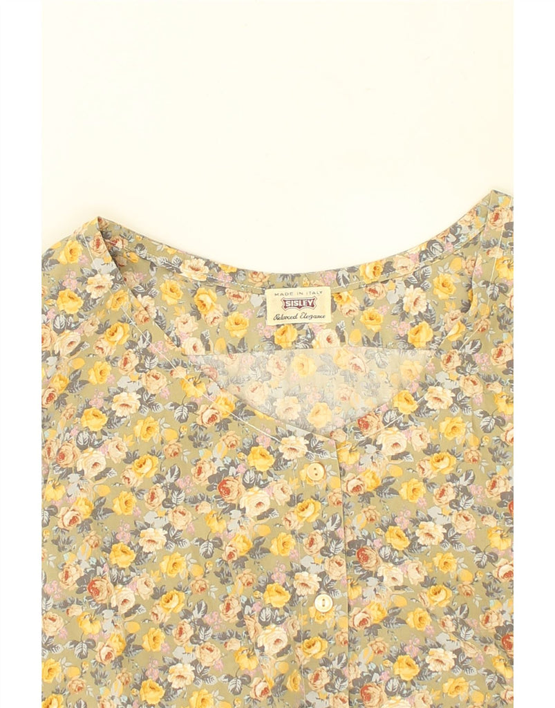 SISLEY Womens Sleeveless Blouse Top UK 14 Medium Khaki Floral Cotton | Vintage Sisley | Thrift | Second-Hand Sisley | Used Clothing | Messina Hembry 