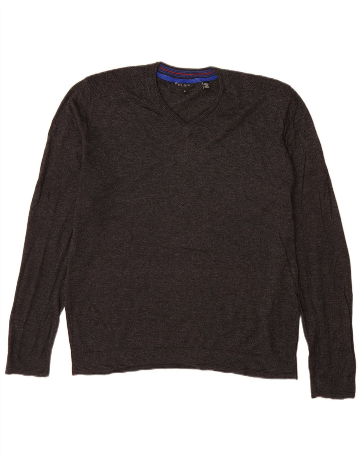 Ted Baker Mens V-Neck Jumper Sweater Size 5 XL Grey Wool