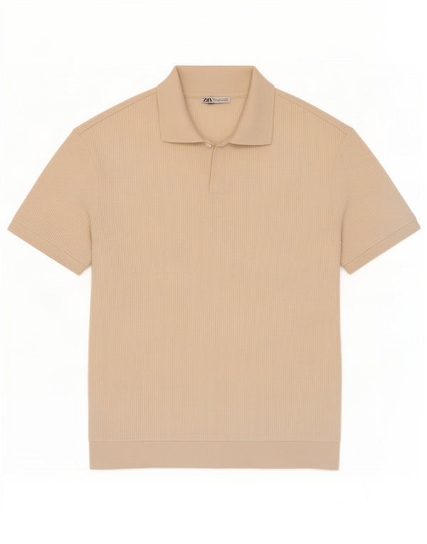 Zara Mens Short Sleeve Polo Neck Jumper Sweater Large Beige Cotton
