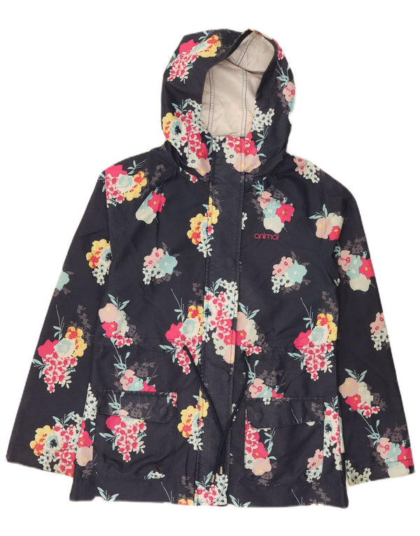 Animal Womens Hooded Rain Jacket UK 8 Small Navy Blue Floral Polyester