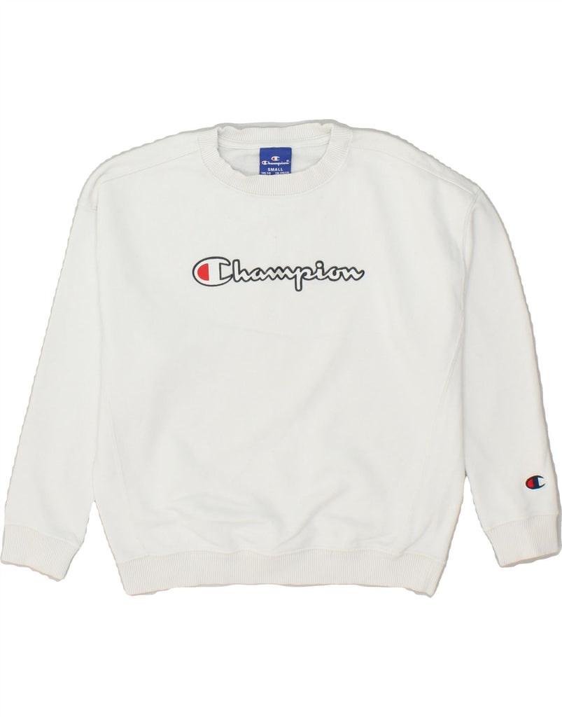 CHAMPION Boys Graphic Sweatshirt Jumper 7-8 Years Small  White Cotton | Vintage Champion | Thrift | Second-Hand Champion | Used Clothing | Messina Hembry 