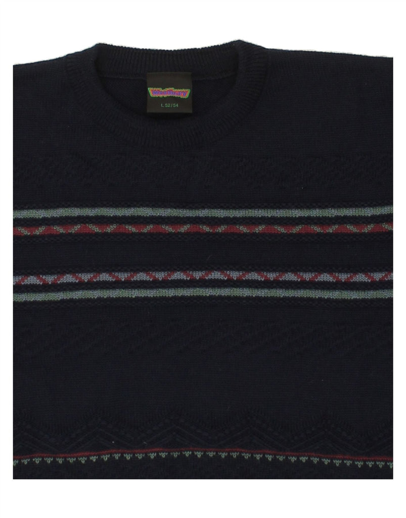 WESTBURY Mens Crew Neck Jumper Sweater IT 52/54 Large Navy Blue Geometric Vintage WESTBURY and Second-Hand WESTBURY from Messina Hembry 