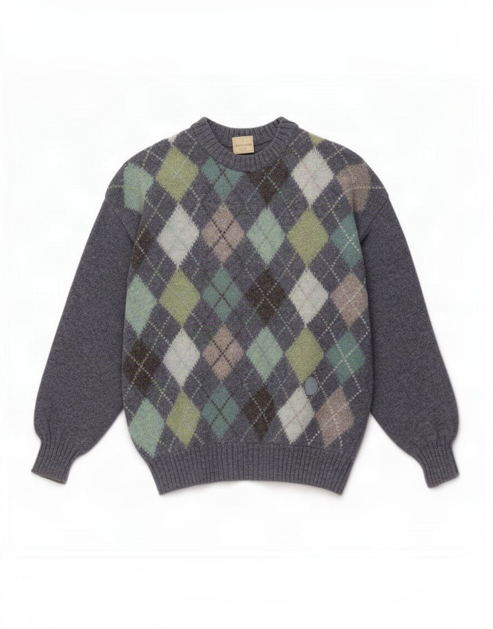Trussardi Mens Crew Neck Jumper Sweater Medium Blue Argyle/Diamond Wool