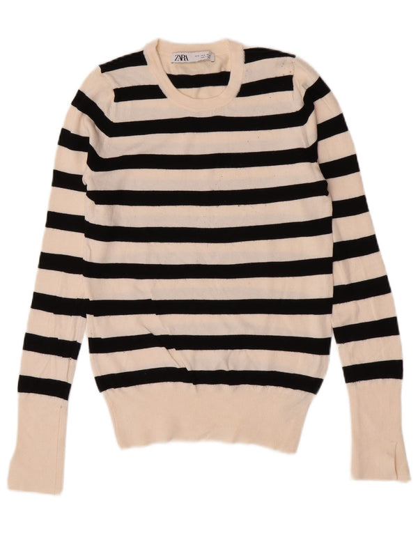 Zara Womens Crew Neck Jumper Sweater UK 10 Small White Striped Viscose