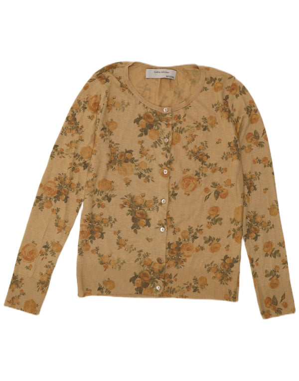 Zara Womens Cardigan Sweater UK 14 Large Beige Floral Polyester