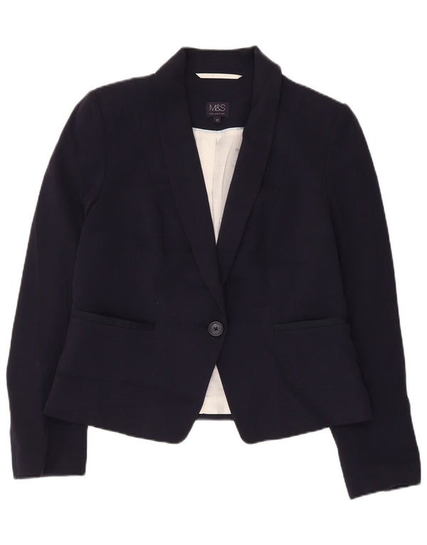 Marks & Spencer Womens Crop 1 Button Blazer Jacket UK 12 Medium Navy Blue