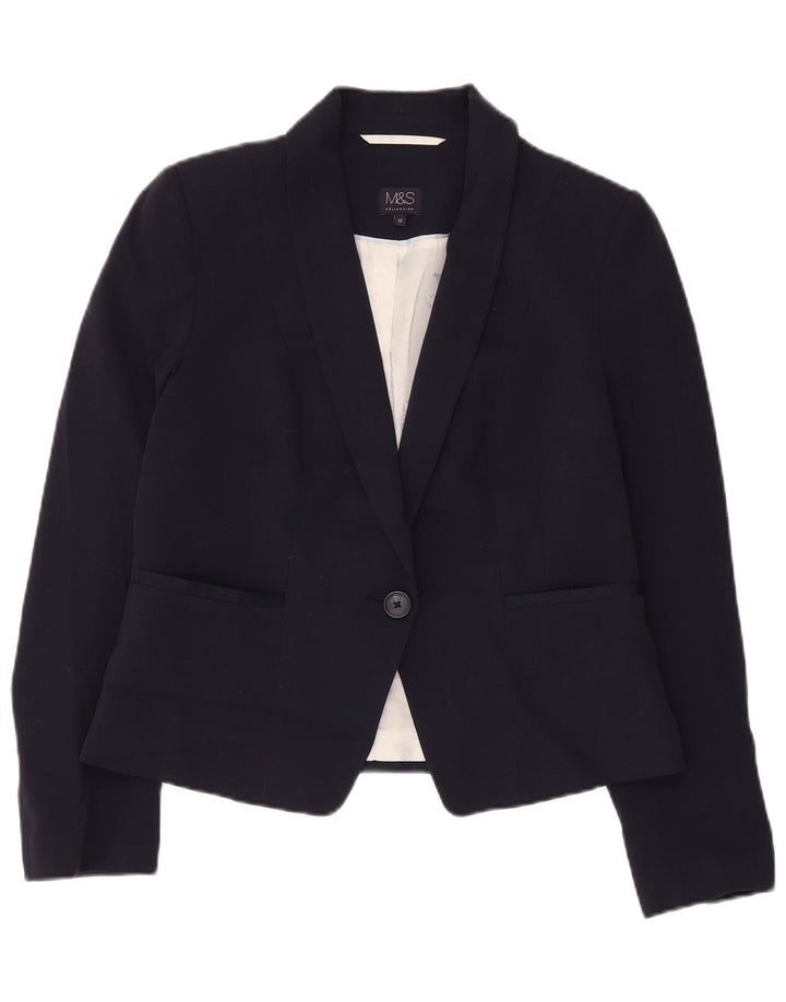 Marks & Spencer Womens Crop 1 Button Blazer Jacket UK 12 Medium Navy Blue
