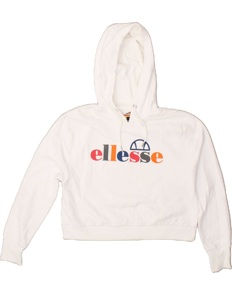 ELLESSE Womens Oversized Crop Graphic Hoodie Jumper UK 8 Small White Vintage Ellesse and Second-Hand Ellesse from Messina Hembry 