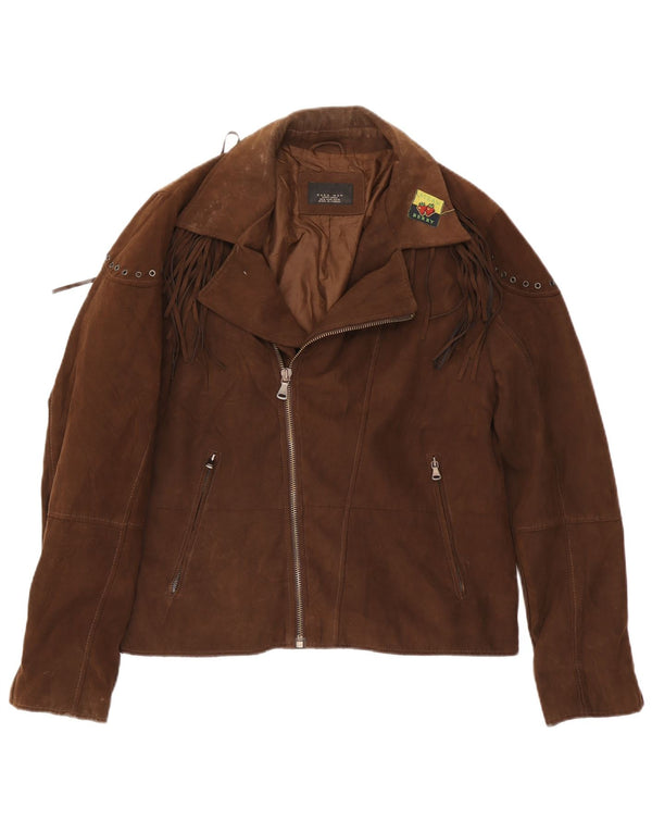 Zara Mens Faux Suede Biker Jacket UK 42 XL Brown Polyester