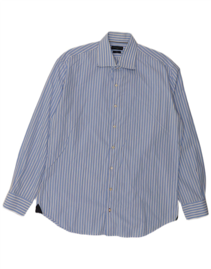 Tommy Hilfiger Mens Fitted Shirt Size 43 Large Blue Striped Cotton