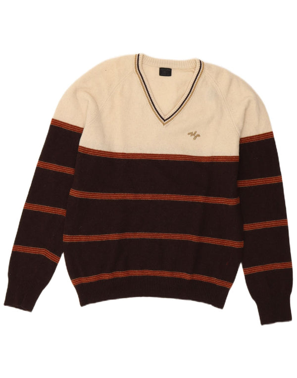 Meltin' Pot Womens V-Neck Jumper Sweater UK 14 Large Off White Striped Wool