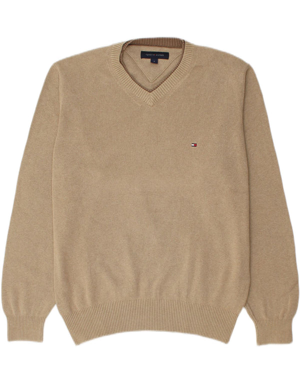 Tommy Hilfiger Mens V-Neck Jumper Sweater Medium Beige Cotton