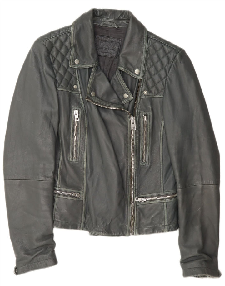 All Saints Womens Leather Biker Jacket UK 12 Medium Grey