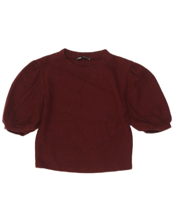 Zara Womens Crop Top 3/4 Sleeve UK 10 Small Maroon Cotton