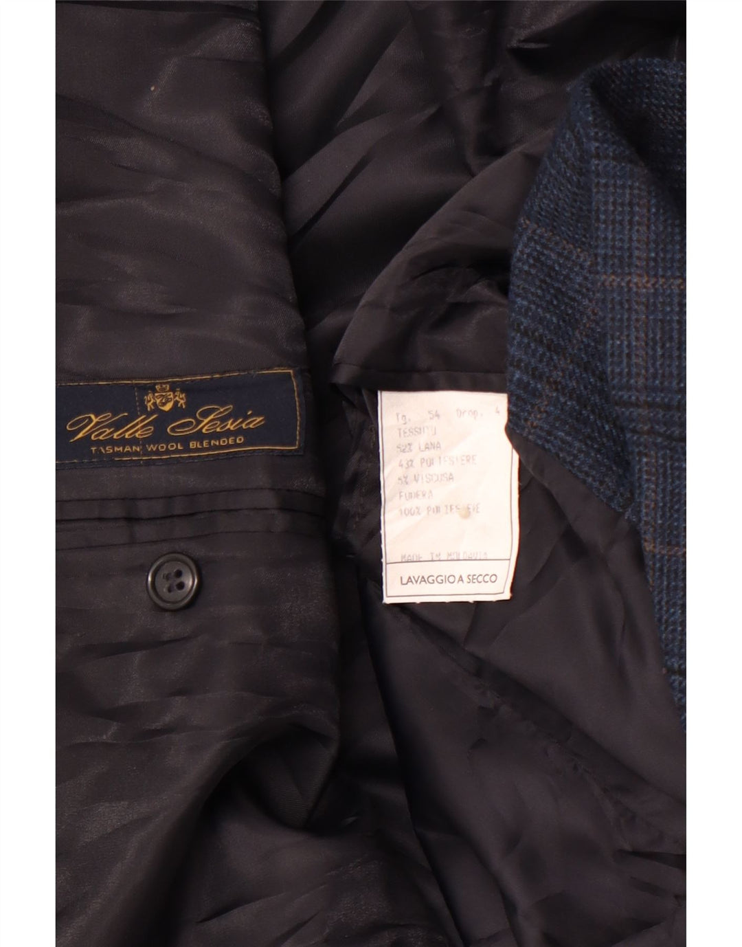 VALLE LESIA Mens 3 Button Blazer Jacket IT 54 2XL Navy Blue Houndstooth