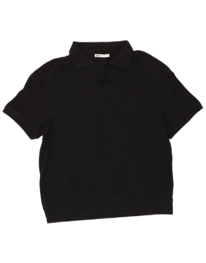 ZARA Mens Short Sleeve Polo Neck Jumper Sweater Medium Black Cotton