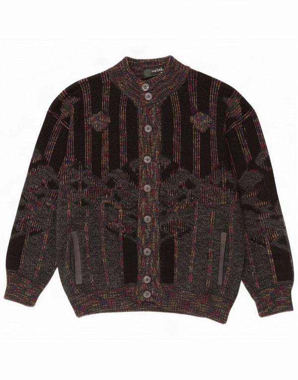 Tris Line Mens Cardigan Sweater EU 54 XL Black Geometric Wool