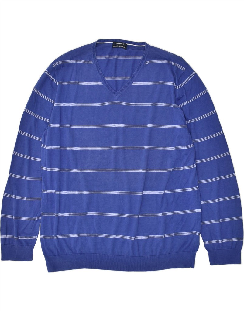 MASSIMO DUTTI Mens V-Neck Jumper Sweater 2XL Blue Striped Cotton | Vintage Massimo Dutti | Thrift | Second-Hand Massimo Dutti | Used Clothing | Messina Hembry 