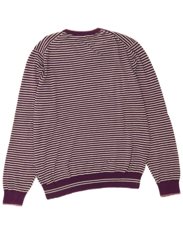 Massimo Dutti Mens V-Neck Jumper Sweater Large Purple Striped Cotton