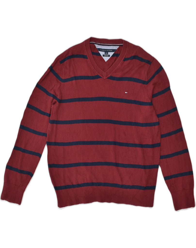 TOMMY HILFIGER Mens V-Neck Jumper Sweater Large Burgundy Striped Cotton | Vintage Tommy Hilfiger | Thrift | Second-Hand Tommy Hilfiger | Used Clothing | Messina Hembry 