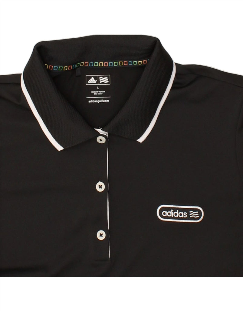 ADIDAS Womens Graphic Polo Shirt UK 16 Large Black Polyester | Vintage Adidas | Thrift | Second-Hand Adidas | Used Clothing | Messina Hembry 