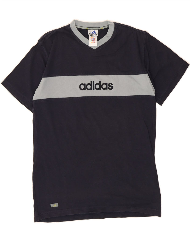 ADIDAS Boys Graphic T-Shirt Top 15-16 Years Navy Blue Colourblock Cotton Vintage Adidas and Second-Hand Adidas from Messina Hembry 