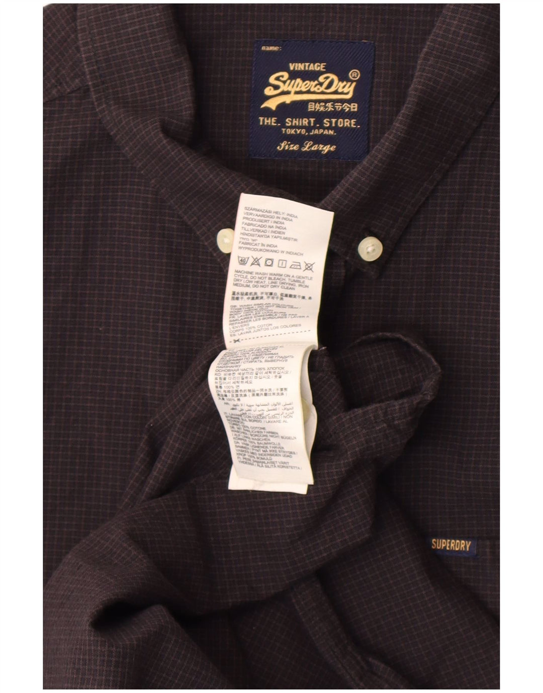 Superdry Mens Short Sleeve Shirt Large Black Check Cotton