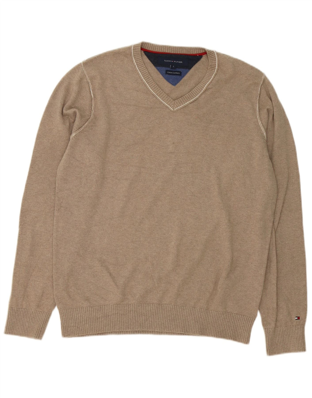 Tommy Hilfiger Mens V-Neck Jumper Sweater Small Grey Cotton