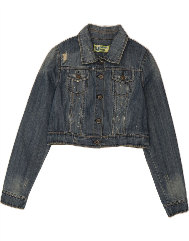 AUTHENTIC Womens Crop Distressed Denim Jacket UK 14 Medium Navy Blue Vintage Authentic and Second-Hand Authentic from Messina Hembry 
