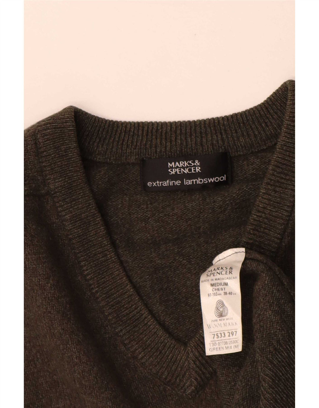 Marks & Spencer Mens V-Neck Jumper Sweater Medium Green Lambswool