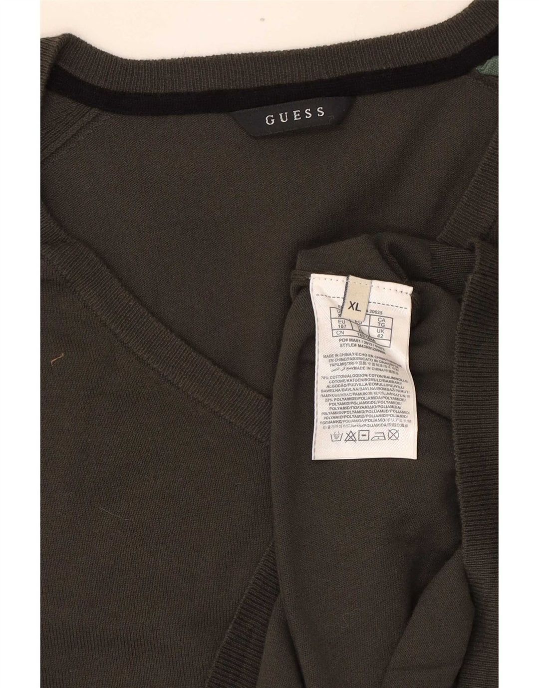 Guess Mens V-Neck Jumper Sweater XL Khaki Cotton