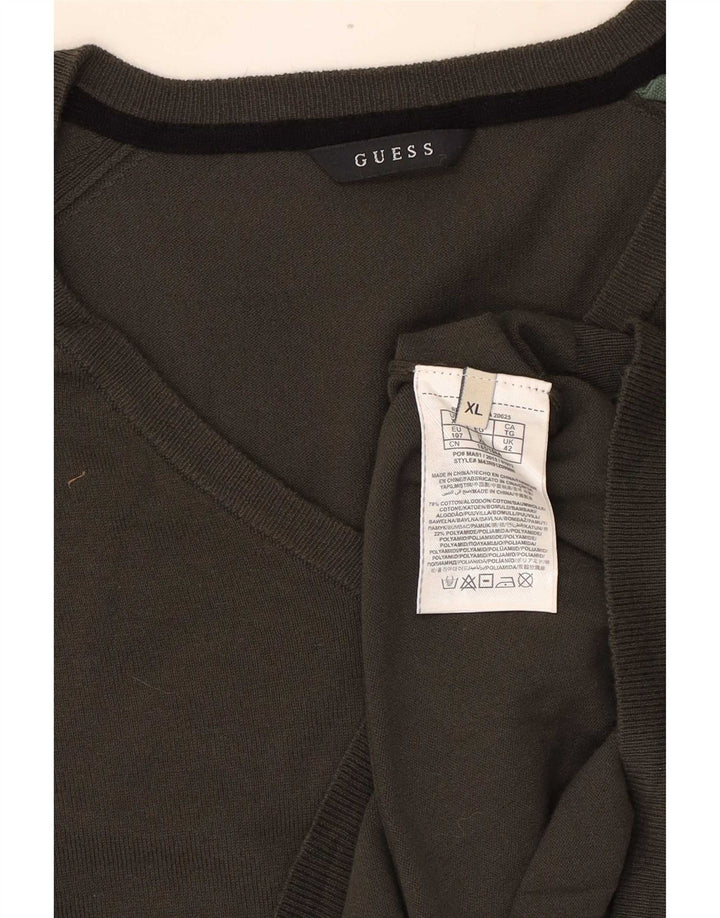Guess Mens V-Neck Jumper Sweater XL Khaki Cotton