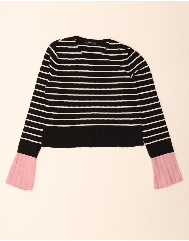 Zara Womens Crop Top Long Sleeve UK 10 Small Black Striped Polyamide
