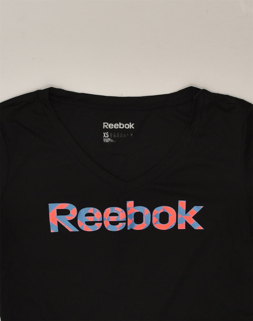 REEBOK Womens Graphic T-Shirt Top UK 6 XS Black Polyester | Vintage Reebok | Thrift | Second-Hand Reebok | Used Clothing | Messina Hembry 
