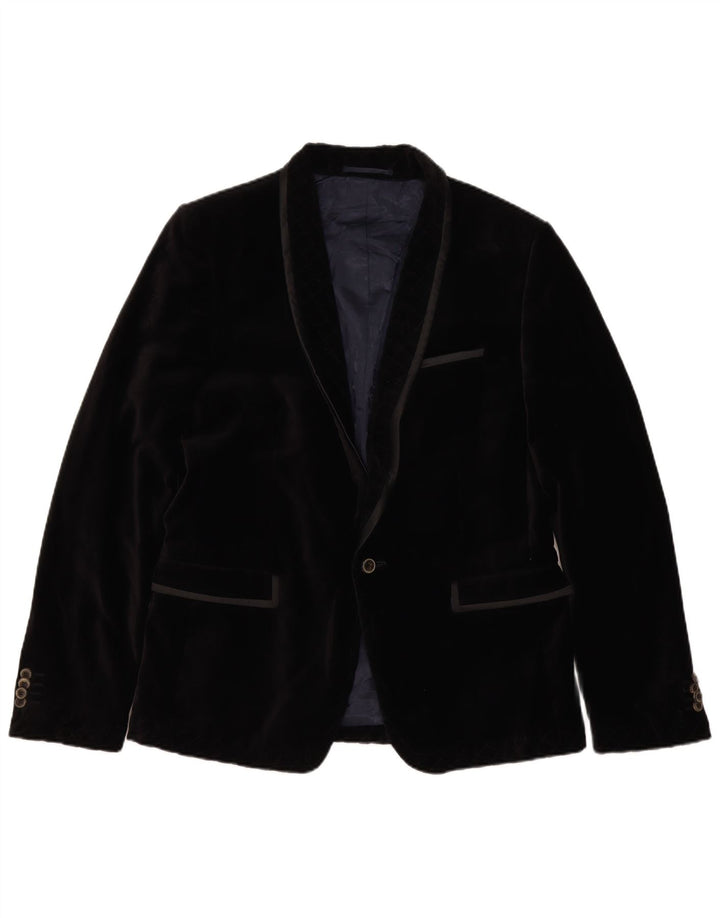 Zara Mens 1 Button Velvet Blazer Jacket EU 50 Medium Black Cotton