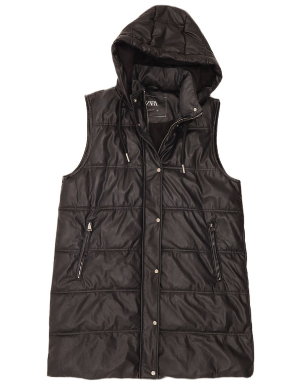Zara Womens Longline Hooded Faux Leather Gilet UK 16 Large Black Polyester