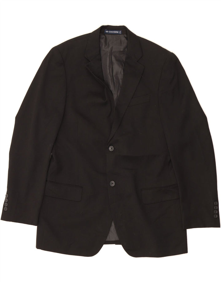 DOCKERS Mens 2 Button Blazer Jacket UK 40 Large Black Polyester Vintage Dockers and Second-Hand Dockers from Messina Hembry 