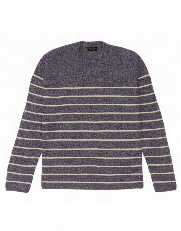 Zara Mens Crew Neck Jumper Sweater Large Navy Blue Striped Cotton