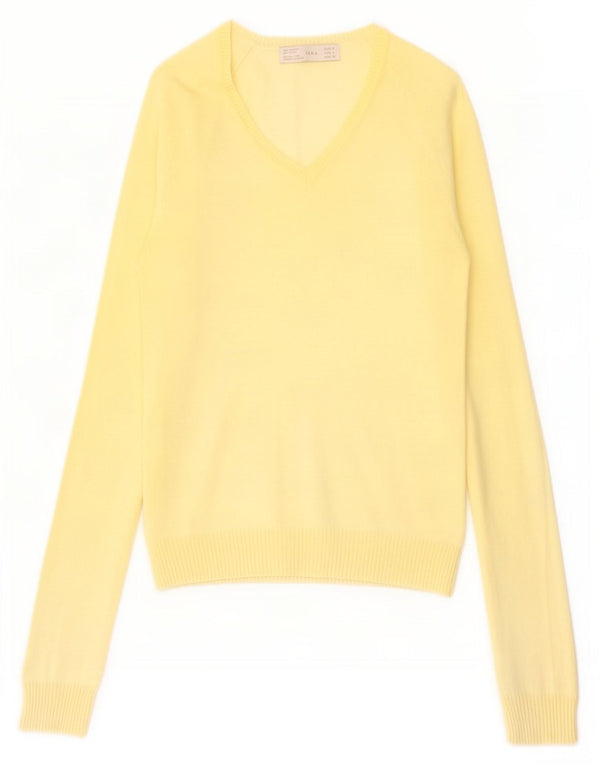 Zara Womens V-Neck Jumper Sweater UK 8 Small Yellow Cotton