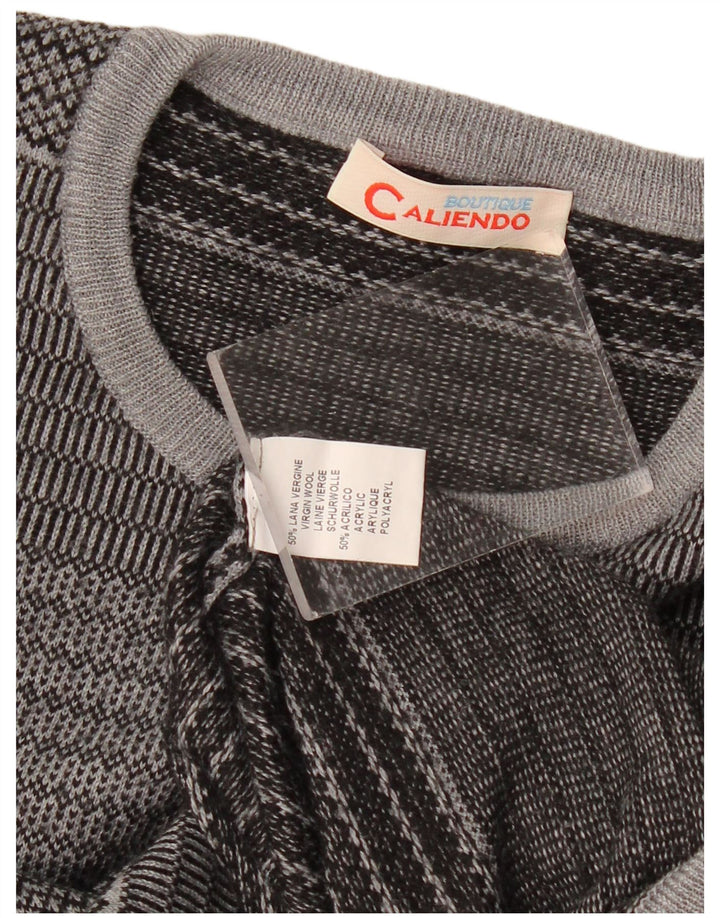 Vintage Mens Crew Neck Jumper Sweater Small Grey Striped Virgin Wool