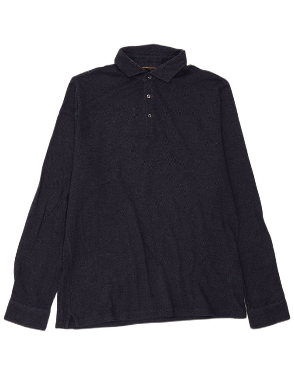 Massimo Dutti Mens Long Sleeve Rugby Polo Shirt XL Navy Blue Herringbone
