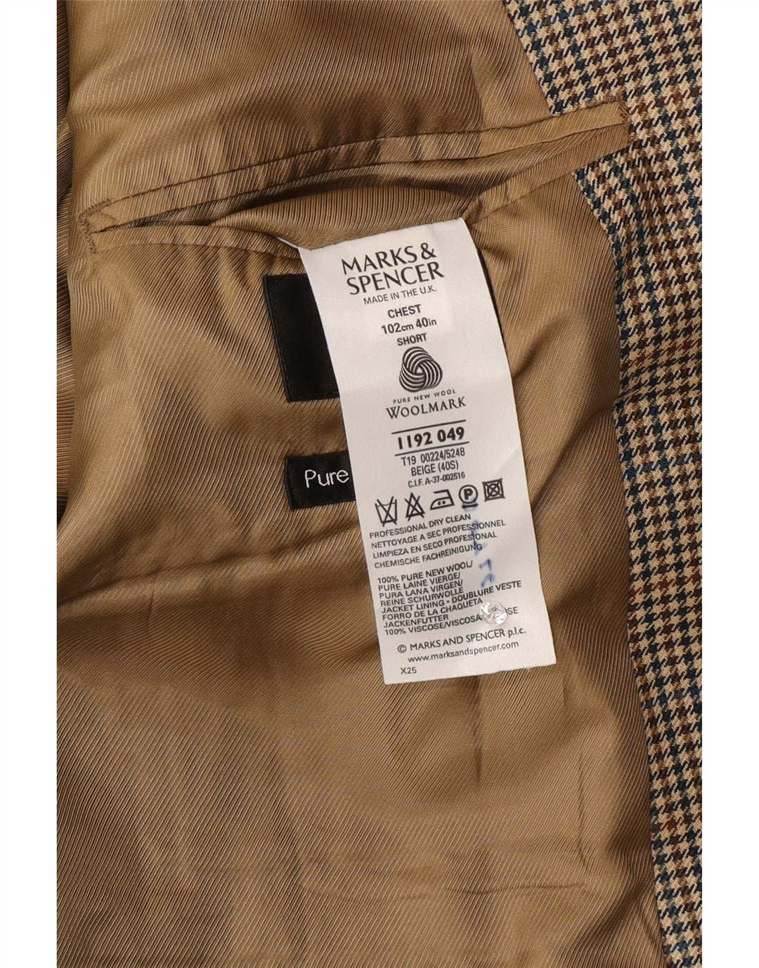 Marks & Spencer Mens 2 Button Blazer Jacket UK 40 Medium Beige Check Wool