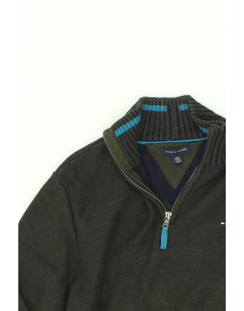 TOMMY HILFIGER Boys Graphic Zip Neck Jumper Sweater 15-16 Years XL Green Vintage Tommy Hilfiger and Second-Hand Tommy Hilfiger from Messina Hembry 